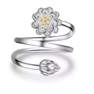 S925 Sterling Silver Lotus Flower Adjustable Ring